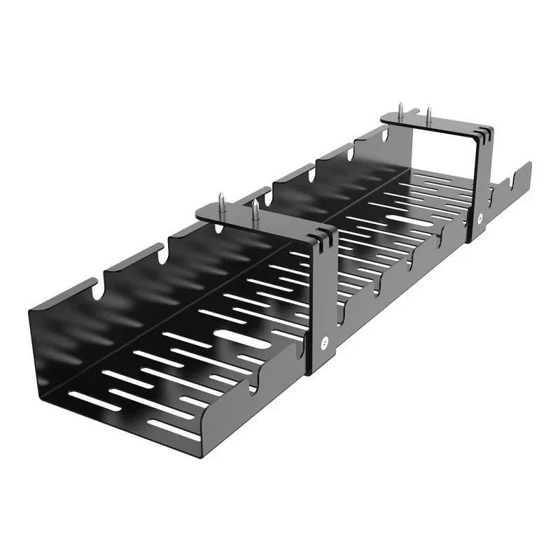 Black perforated metal under-desk cable management tray on white.