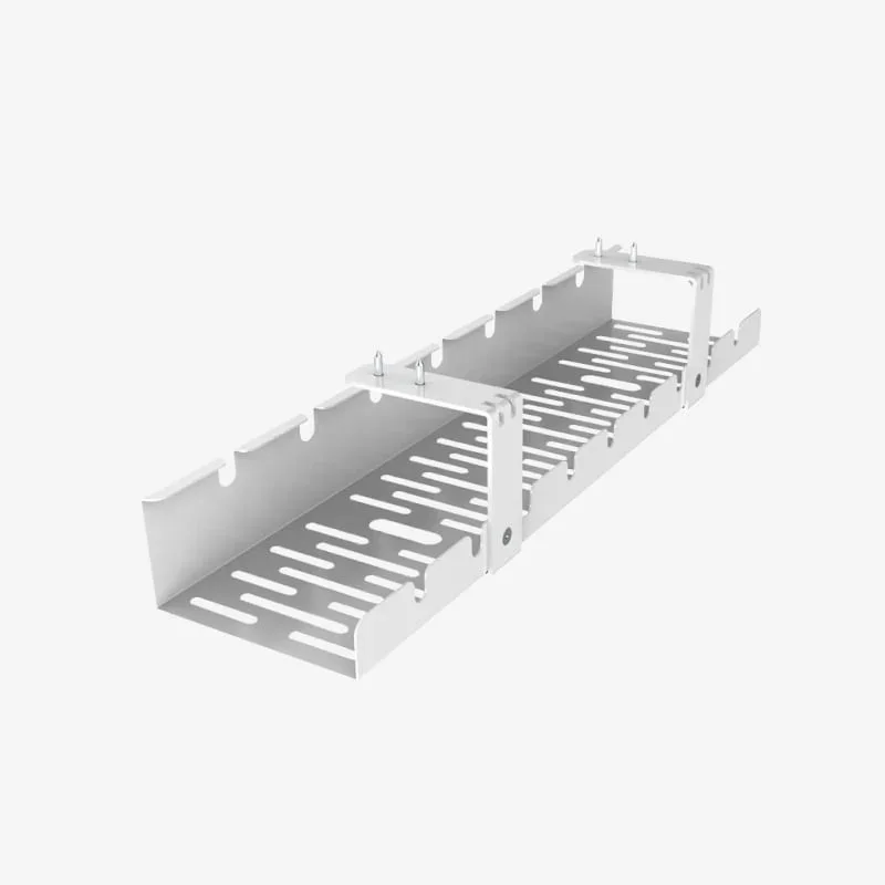 Pair of white perforated under-desk cable trays on a light background.