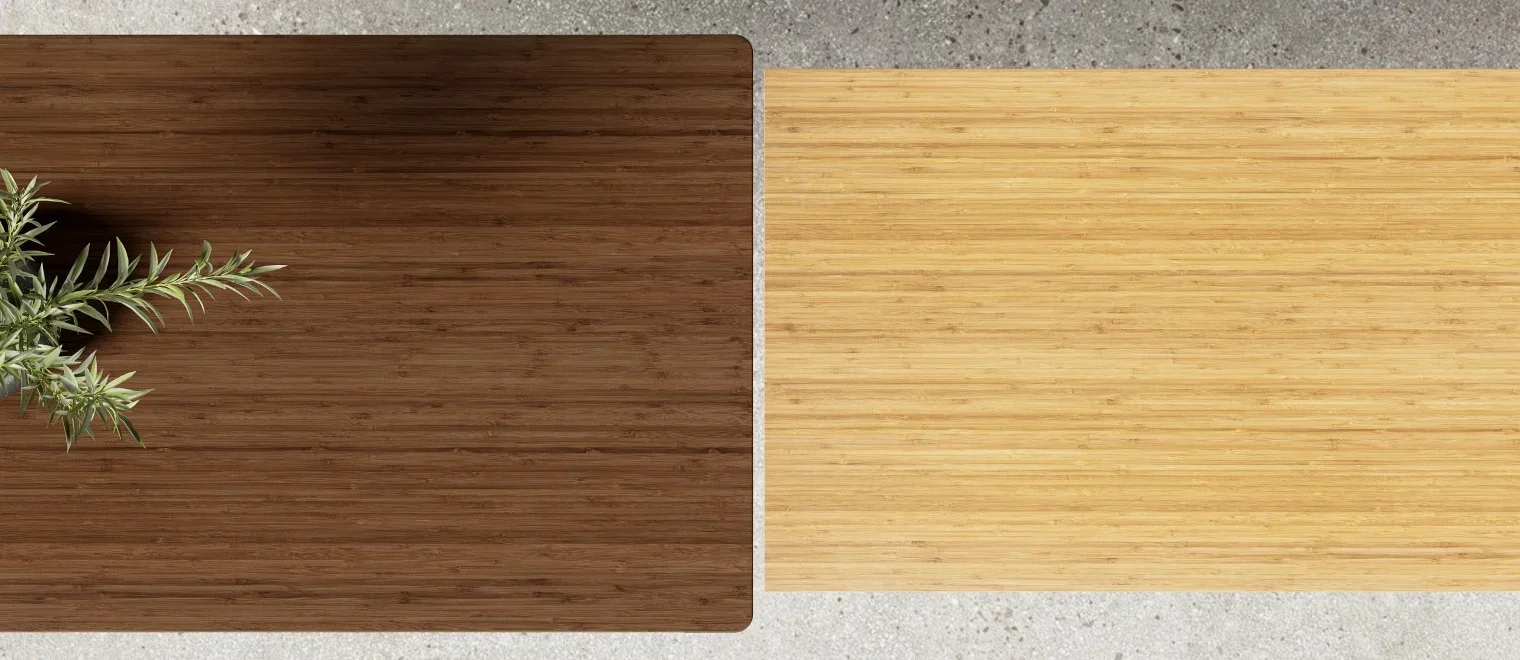 Top-down close-up of two bamboo desktops, one dark carbonised and one natural, with a sprig of greenery.