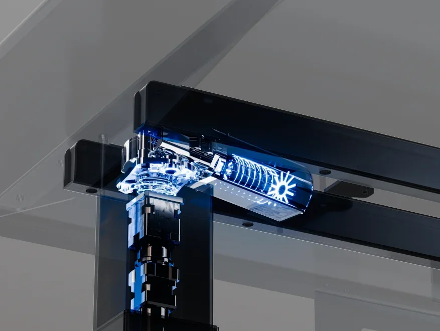 Render showing the leg top and crossbar with a glowing blue cutaway of the motor internals, on a grey background.