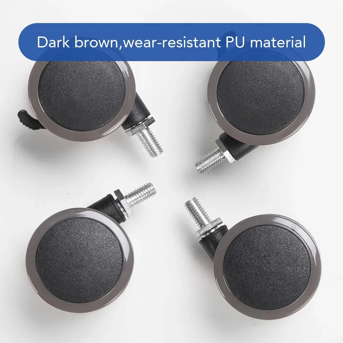 Four casters with threaded stems laid out on white, with a caption badge about the PU wheel material.
