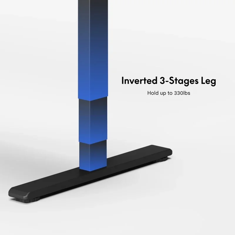 A black E7L-Lite leg with its telescoping stages highlighted in blue above a black foot, with headline text about the leg and load.