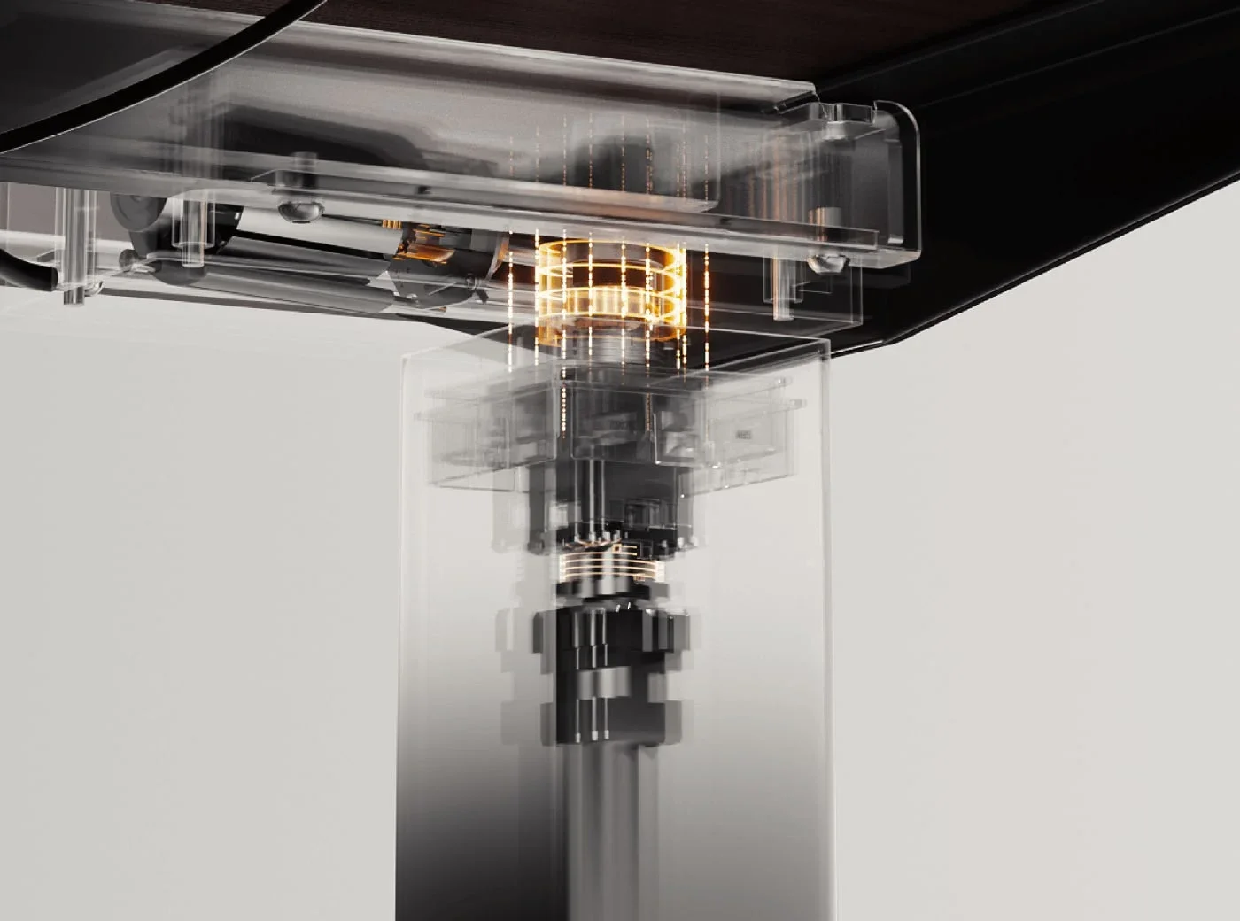 See-through render of the top of a leg showing the internal motor and gear assembly glowing under a dark desktop.
