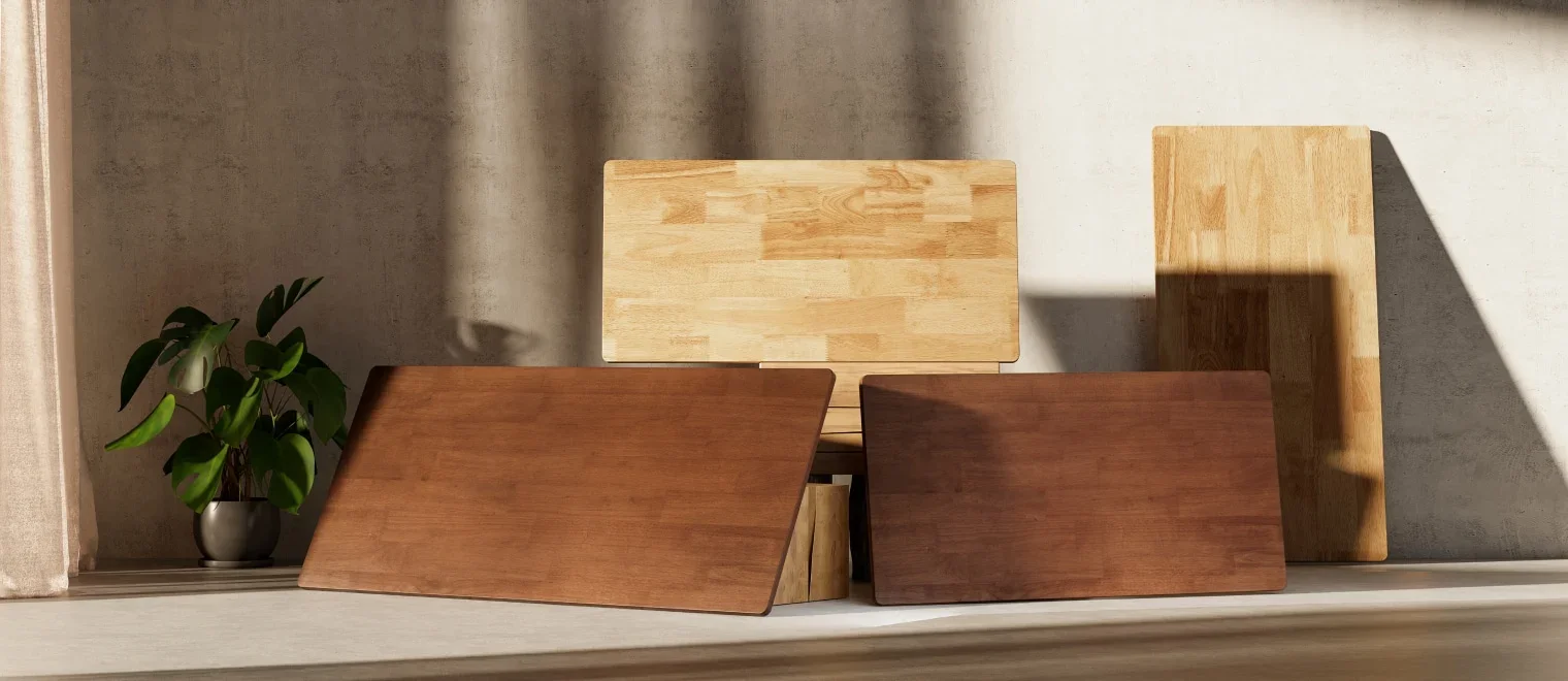 Rubberwood butcher-block desktops in natural and dark stains propped up beside a potted plant.