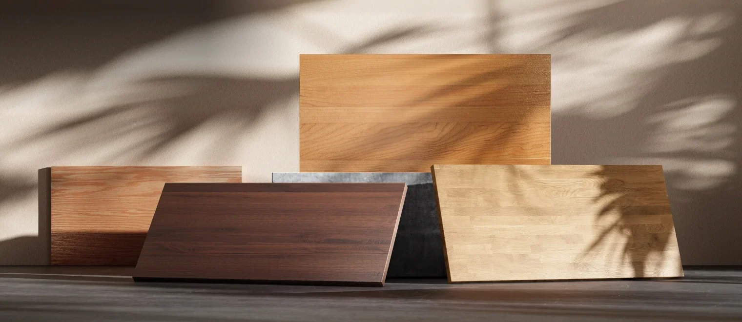 Several solid-wood desktops in walnut and oak tones leaning in a sunlit studio scene with leaf shadows.
