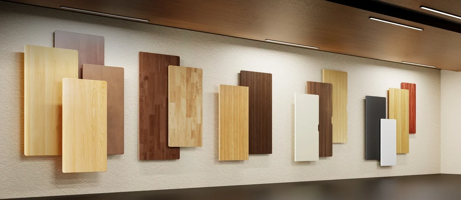 Gallery wall displaying many desktop samples in wood, bamboo, white and coloured finishes under a wooden ceiling.
