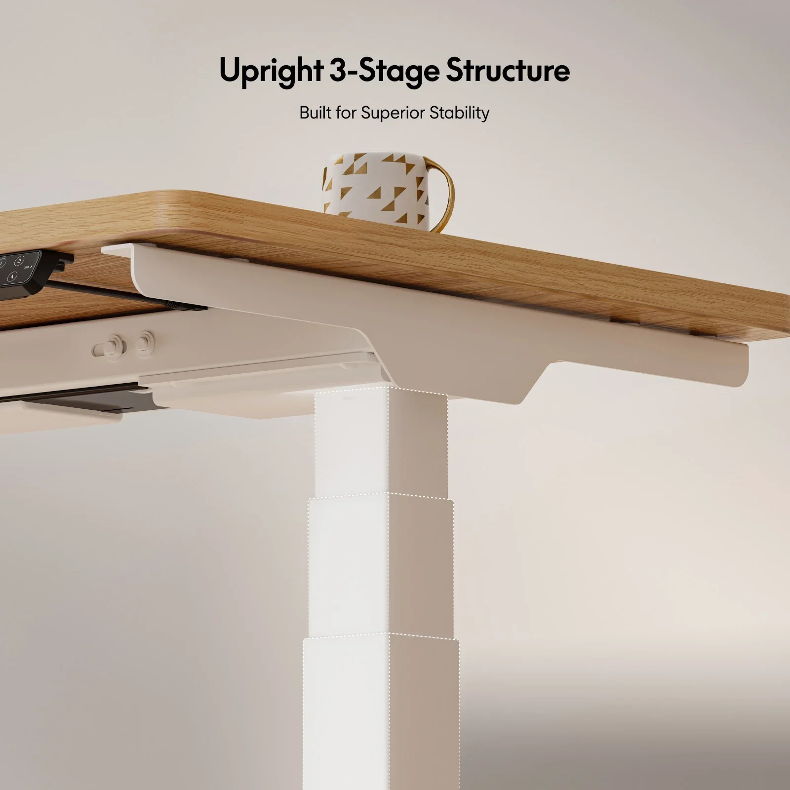 From below of a white E7 Mini leg column and frame bracket under a light oak top, with headline text about the upright structure.