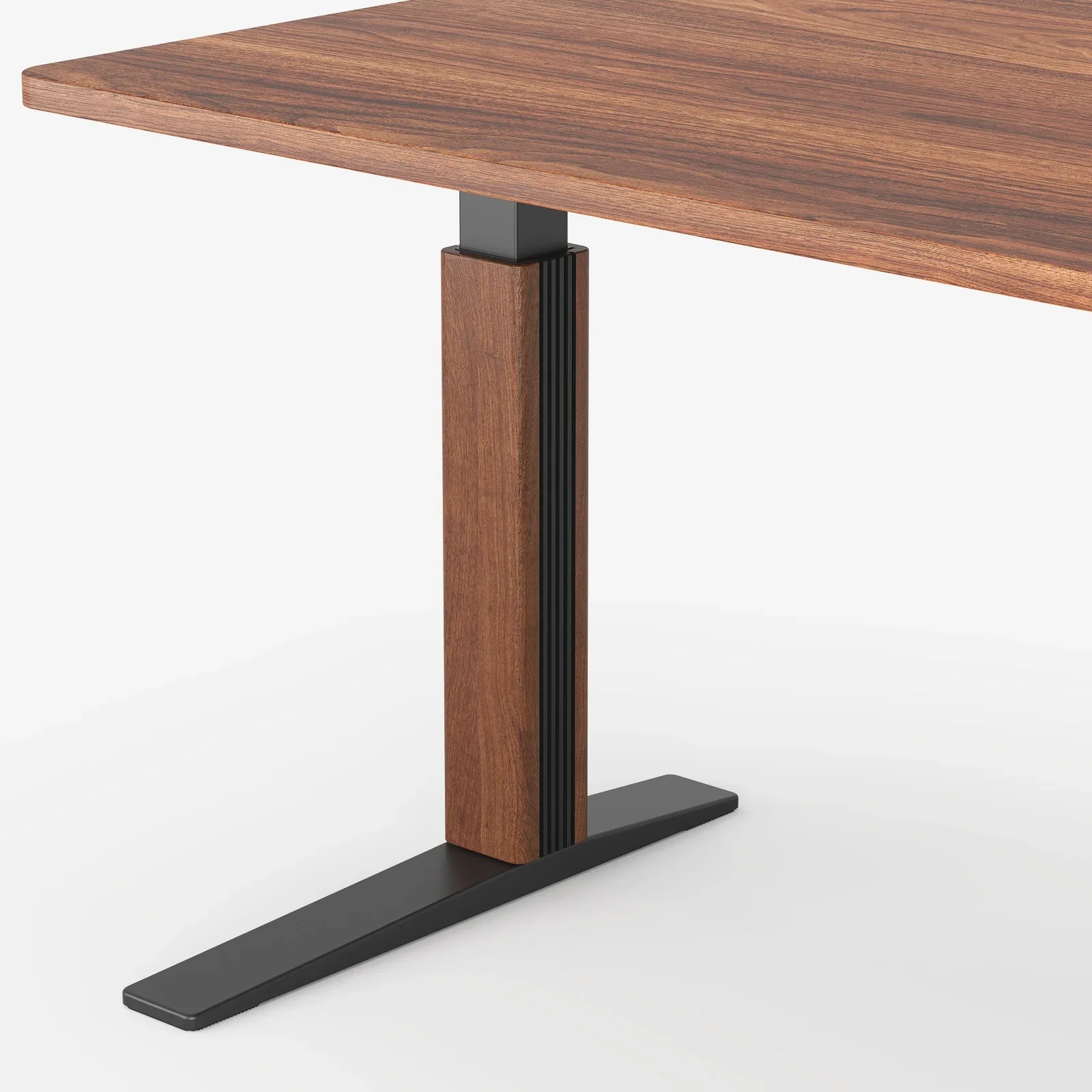 One E7 Pro leg fitted with a walnut leg cover under a walnut desktop, black T-foot, on white.