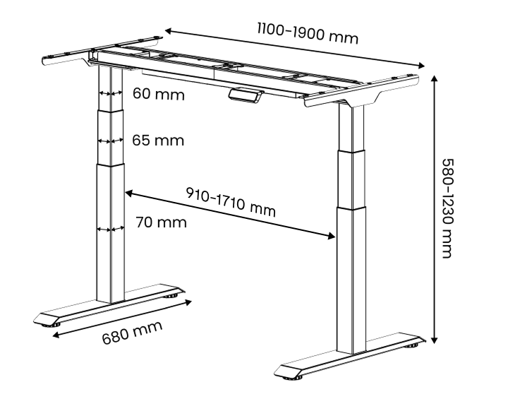 Line drawing of the E7 T-frame with metric dimensions: 1100–1900 mm frame width, 910–1710 mm beam, 680 mm foot, 580–1230 mm height, 60/65/70 mm leg stages.