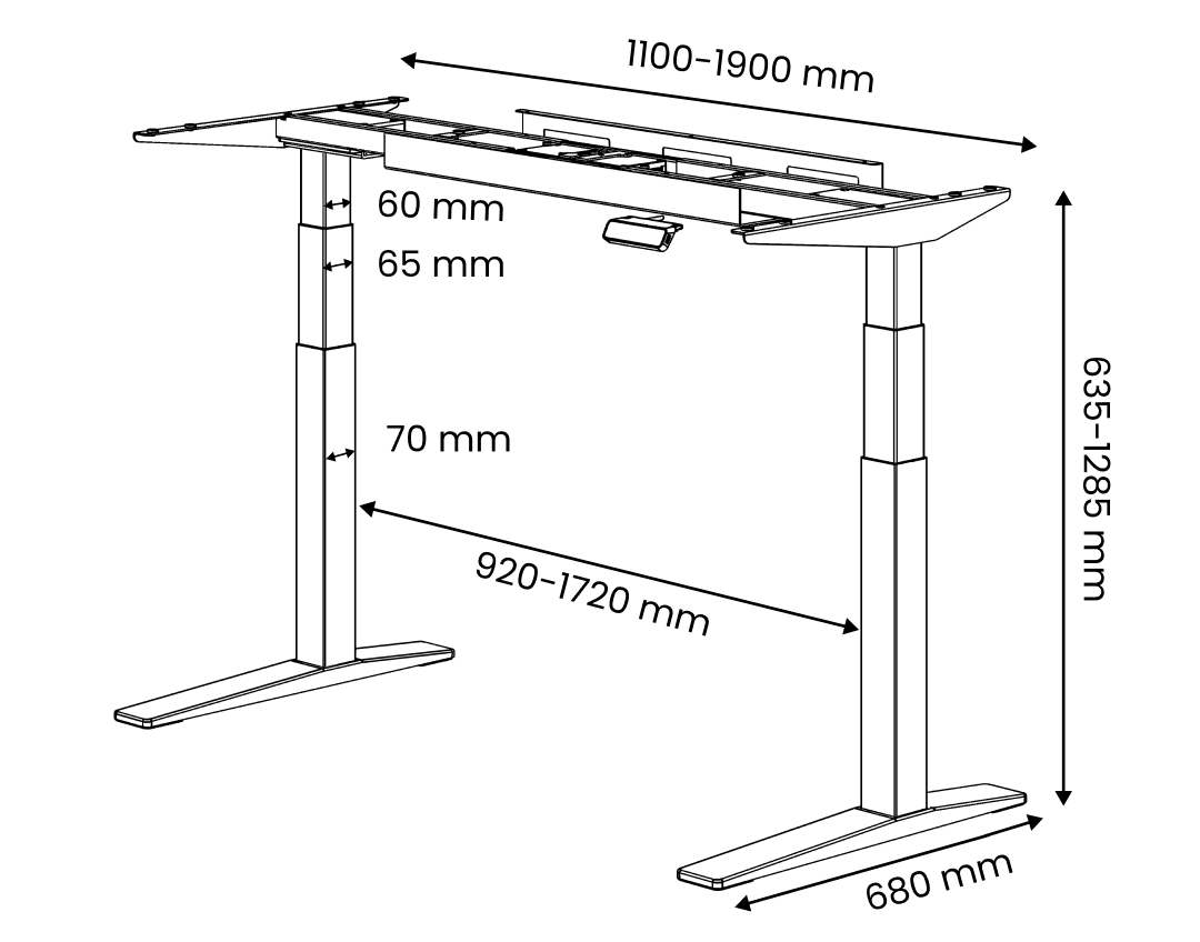 Line drawing of the E7 Pro frame: width 1100–1900 mm, beam 920–1720 mm, height 635–1285 mm, feet 680 mm, columns 60/65/70 mm.