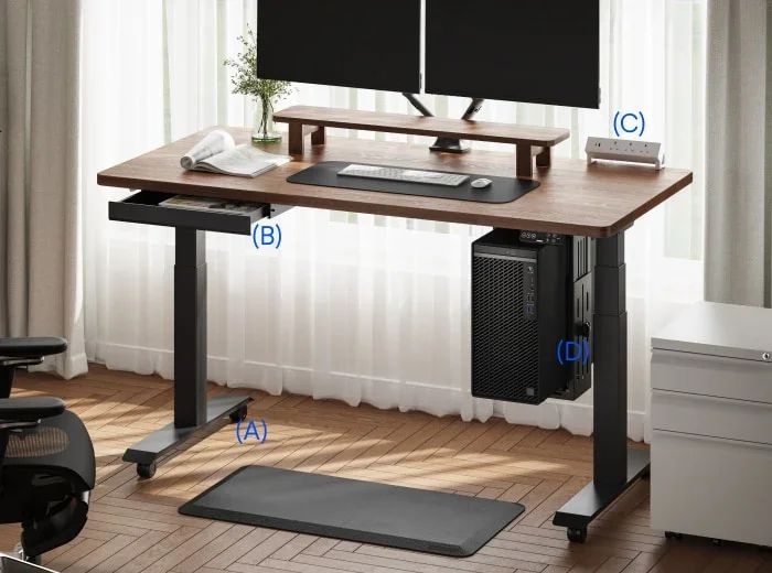 Black-frame walnut desk with dual monitors, riser, drawer, CPU holder, casters and mat, with lettered callouts for accessories.