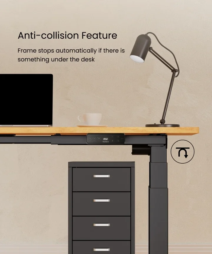 Desk edge descending towards a black drawer unit with an anti-collision icon, headed "Anti-collision Feature".