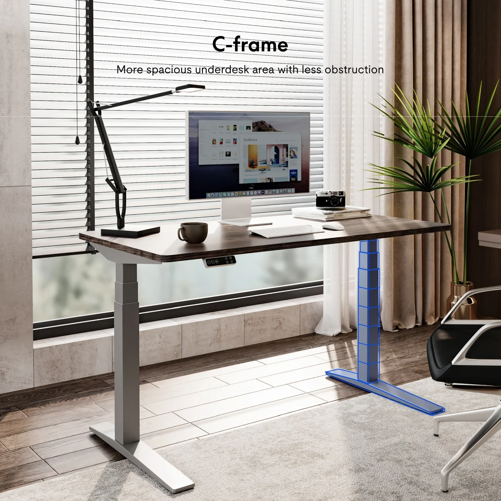 E7 Pro C-frame desk with walnut top in a bright office with one leg highlighted blue, with heading text about legroom.