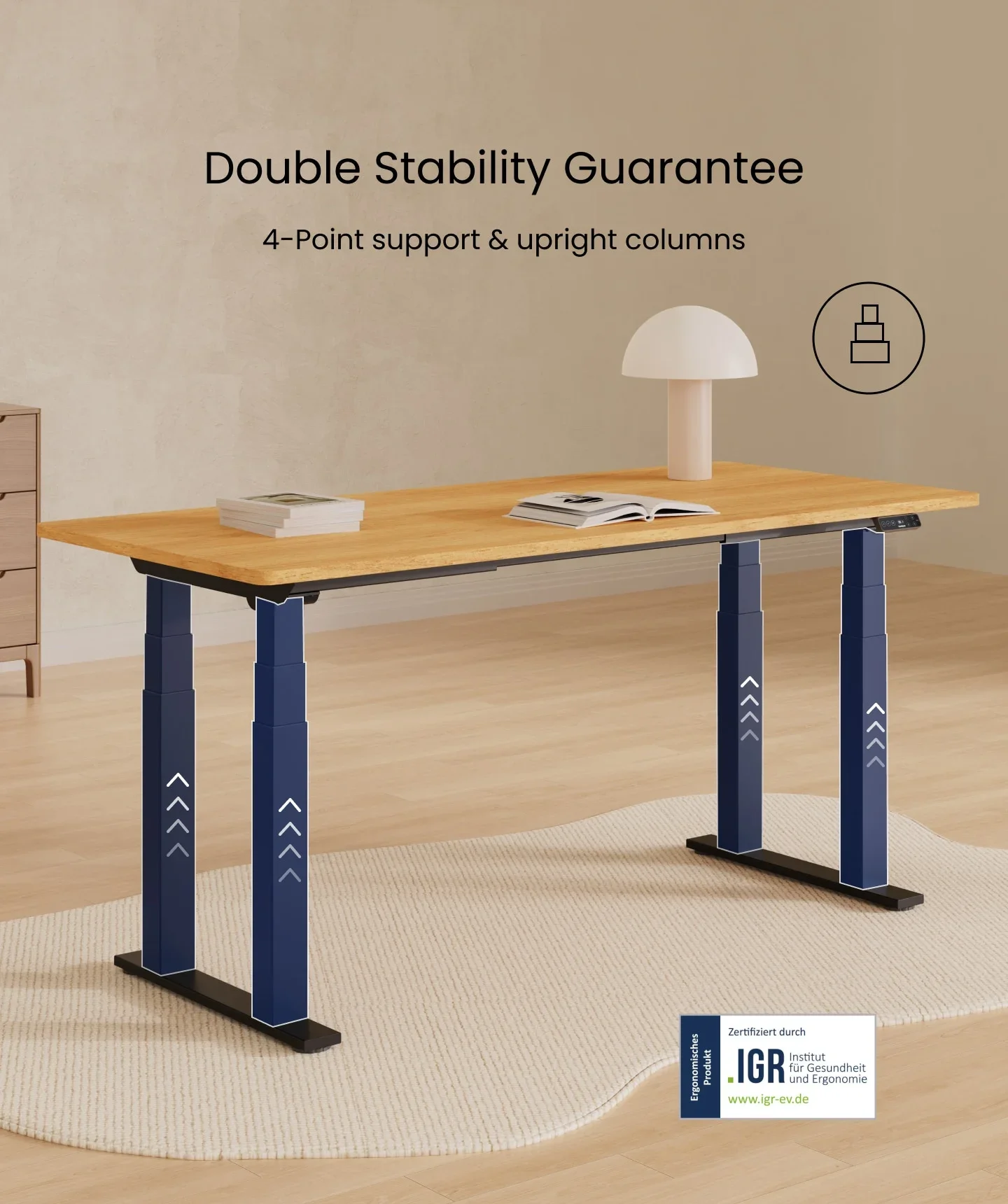 E7 Plus electric standing desk. E7 Plus with bamboo top and four legs highlighted in blue with up arrows, headed "Double Stability Guarantee", with a FlexiSpot badge.