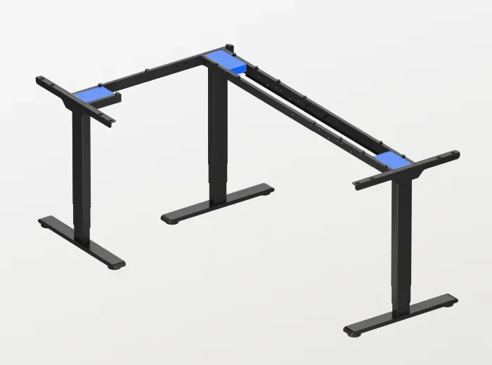 Bare black E7L-Lite L-frame with the corner and end brackets highlighted in blue to show the reinforced structure, no text.