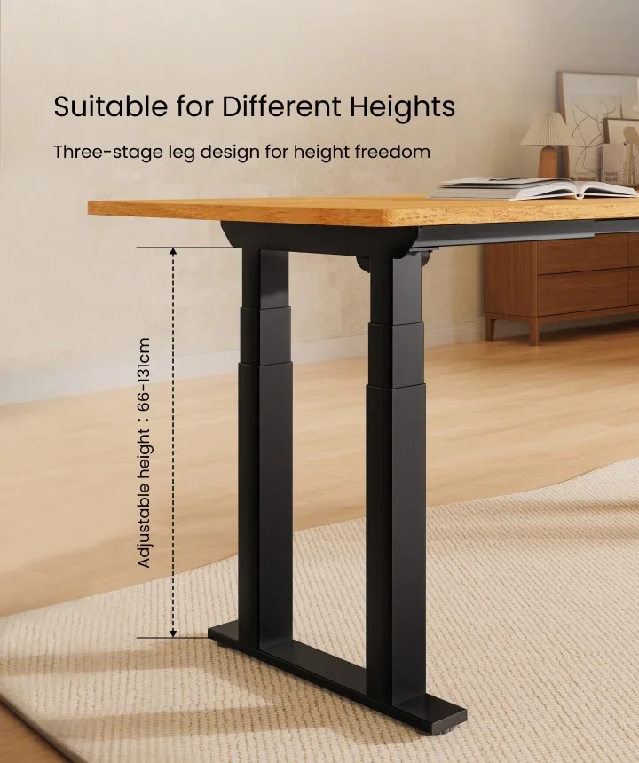 Black four-leg frame with an "Adjustable height: 66–131cm" dimension line, headed "Suitable for Different Heights".