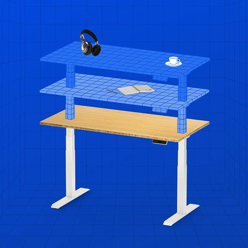 White-frame bamboo-top desk with blue wireframe ghosts at higher positions on a blue grid background, showing height range.