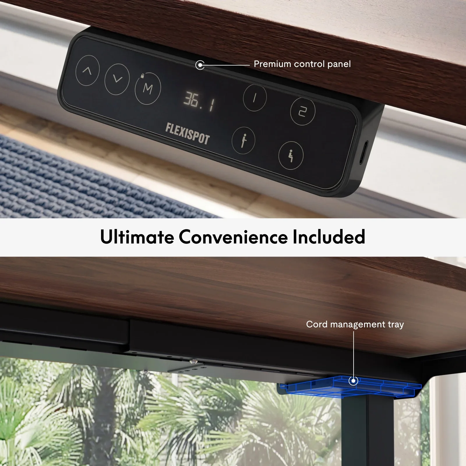 Two stacked photos: the LCD keypad under a walnut top and the blue-highlighted cable tray beneath the desk, with a heading and small callout labels.