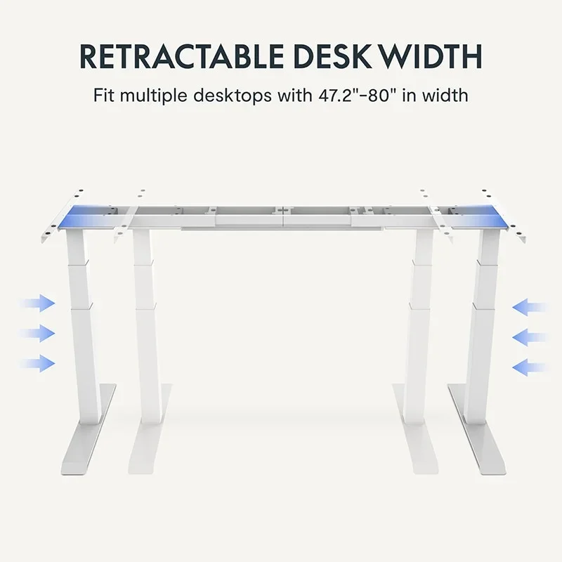 White E7 frame shown from the front with blue arrows indicating the telescoping crossbar, with headline text about adjustable width.