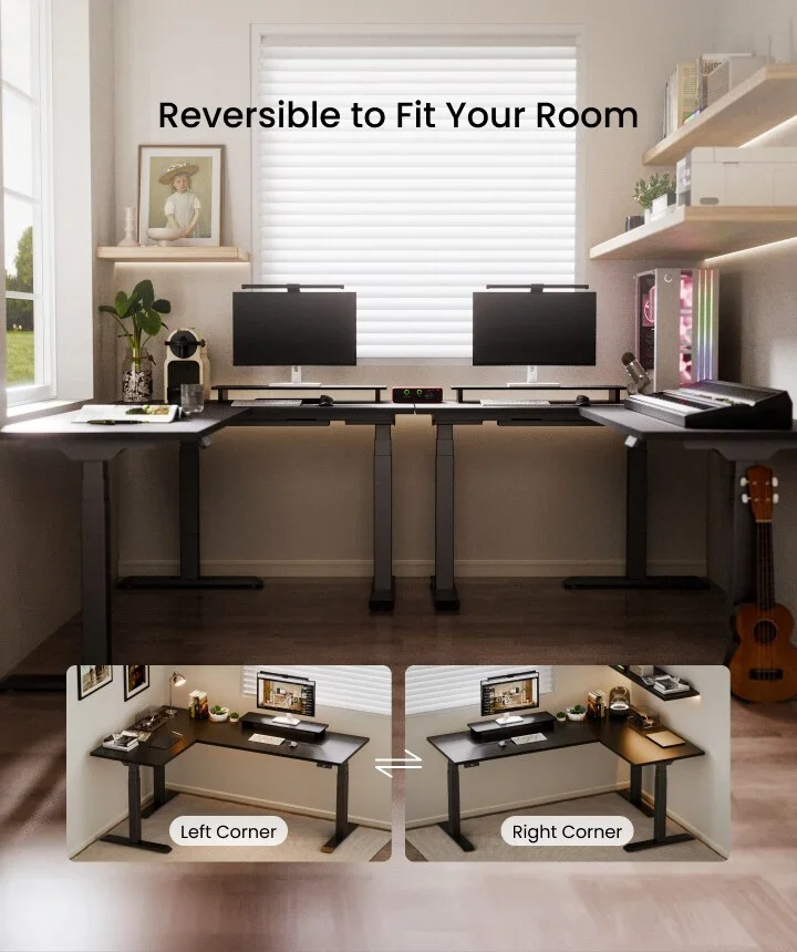 Black E7L with twin monitors in a bright room and inset photos of left-corner and right-corner layouts, "Reversible to Fit Your Room" headline.