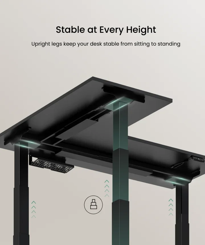 Render of the E7L frame with glowing upright columns and lock icon, "Stable at Every Height" headline.