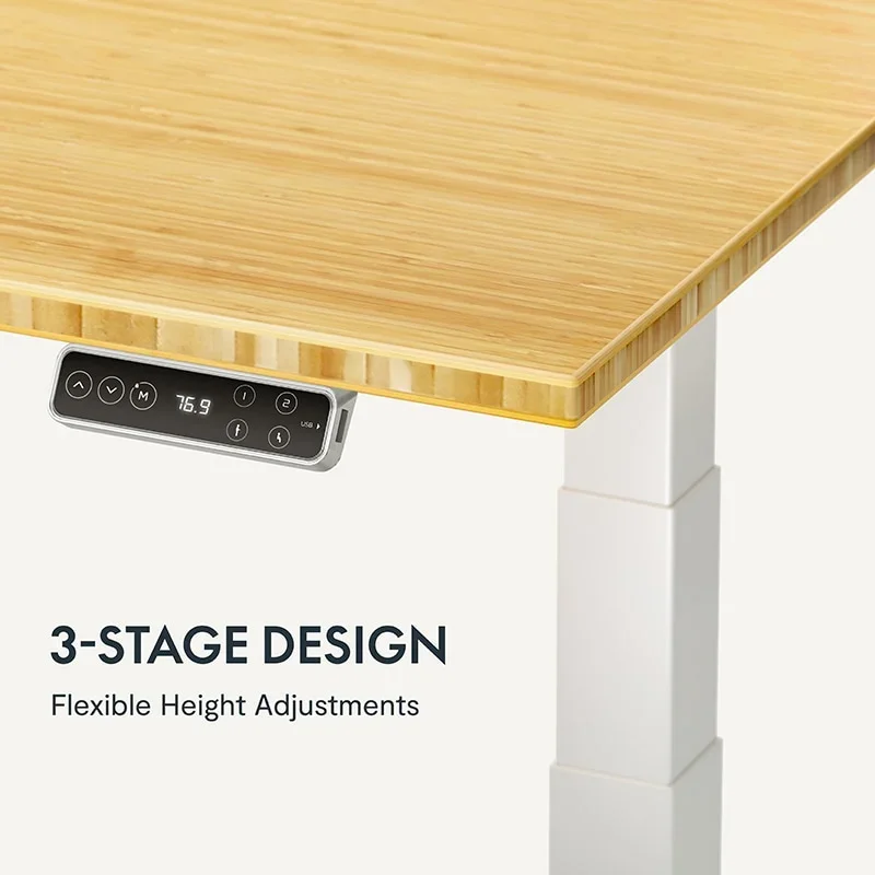 A bamboo top and white leg with the LCD keypad, with headline text about the three-stage leg design.