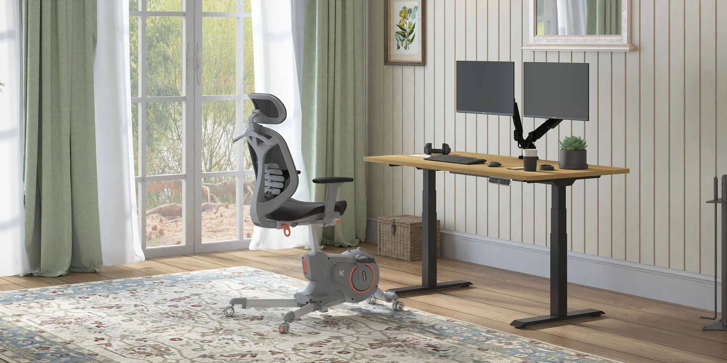 A black-frame desk with an oak-look top, two monitors on an arm and a mesh chair in a home office with green curtains and a patterned rug.