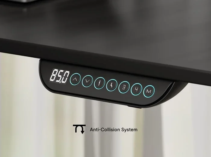 The black keypad with blue-lit buttons and height readout under a black top, with a small anti-collision caption and icon.