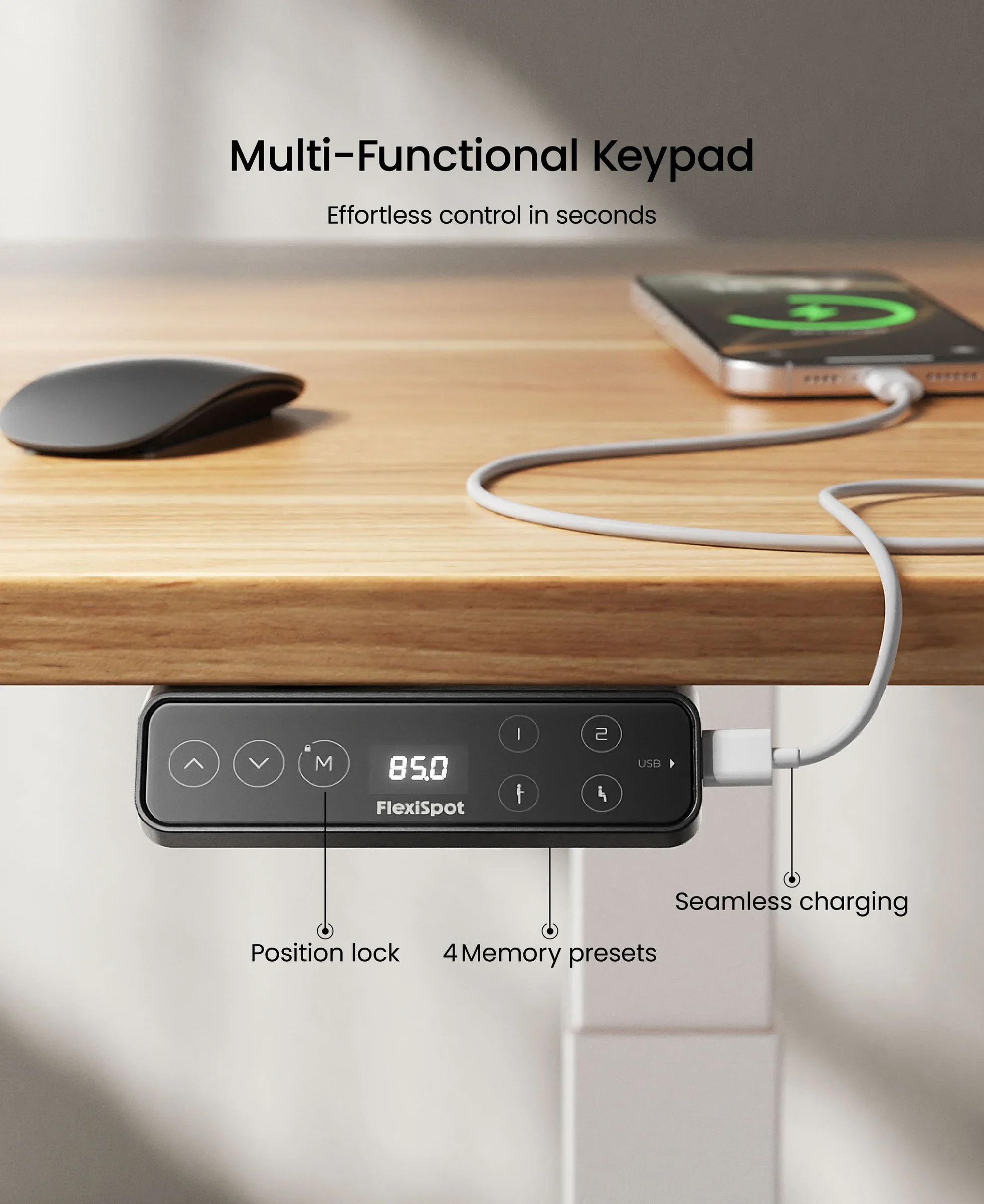 The touch keypad under a light oak top on a white frame, a phone charging from its USB port, with callouts for position lock, 4 memory presets and charging.