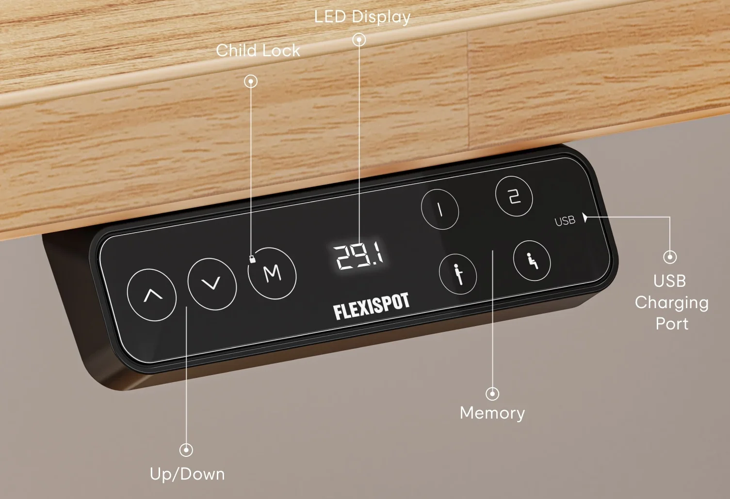 Wide close-up of the black FlexiSpot keypad under a light oak top with height readout and buttons, with callout labels for each function.