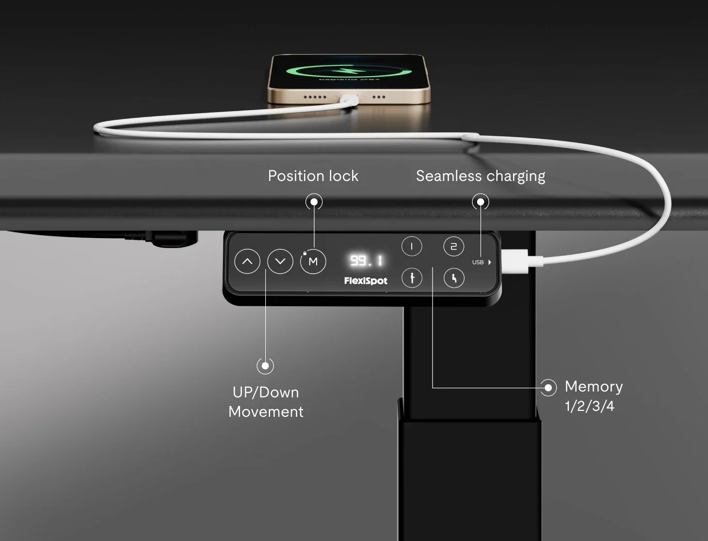 Keypad under a black desktop charging a phone via cable, with callouts for position lock, charging, up/down and memory presets.