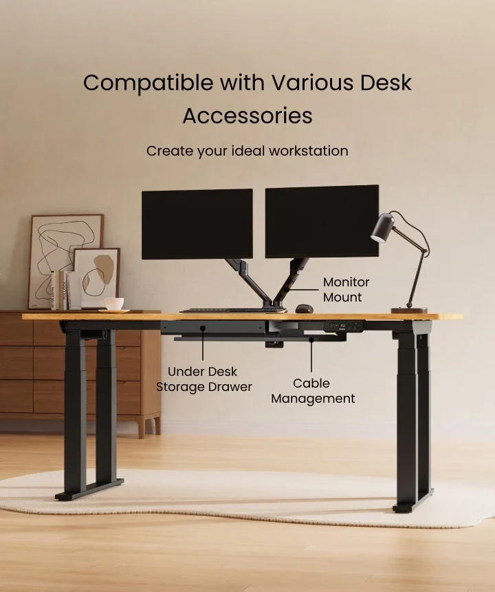 Black four-leg desk with dual monitor mount, under-desk drawer and cable management callouts, headed "Compatible with Various Desk Accessories".