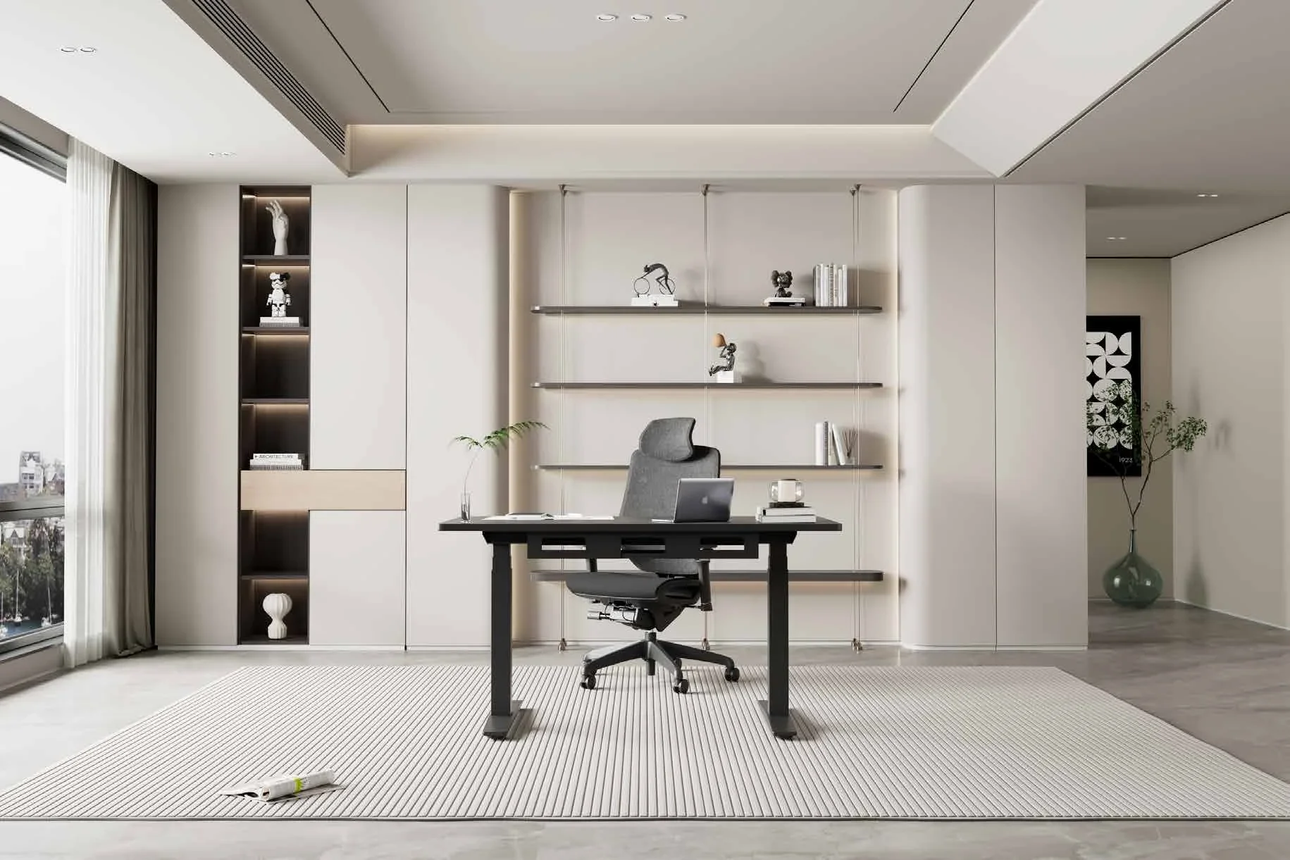 Symmetrical minimal beige study with a black-frame desk and black top, black mesh chair and lit wall shelving.