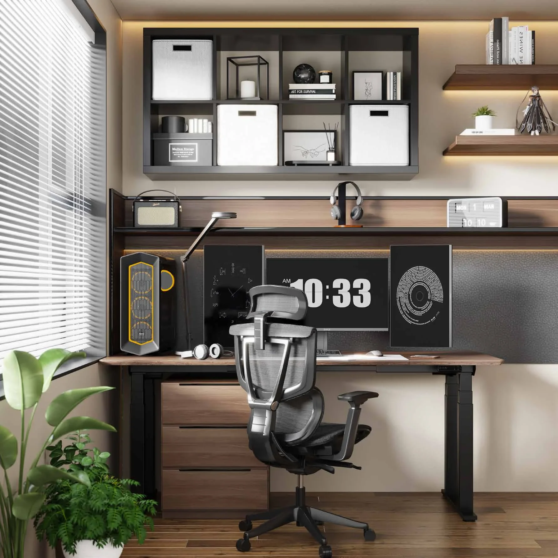 Warm-lit gaming and work den with a black-frame desk and walnut-look top, wide monitor showing a 10:33 clock, drawer unit, mesh chair and open wall shelves.