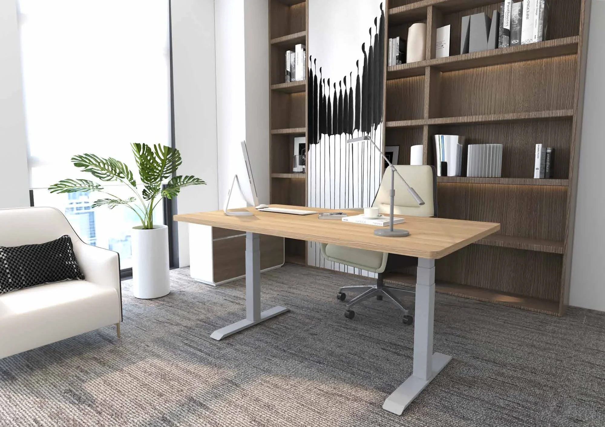 A FlexiSpot E7 with a light-grey frame and an oak-look top in a bright study, in front of a tall walnut bookcase.