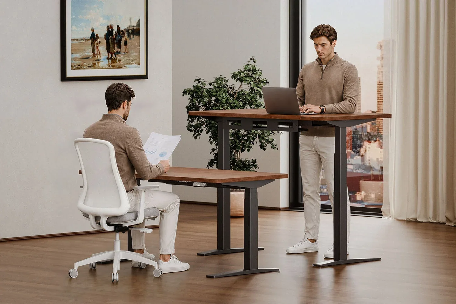 Two black-frame walnut desks, one man seated reading at a low desk and one standing with a laptop at a raised desk with under-desk cable tray, city window behind; no text.