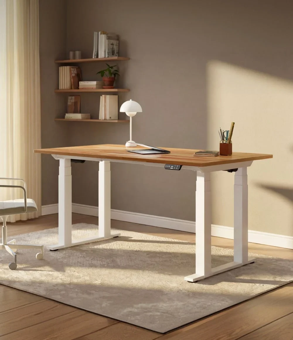 A white four-leg standing desk with a warm wood top in a sunlit study with floating shelves and a mushroom lamp.