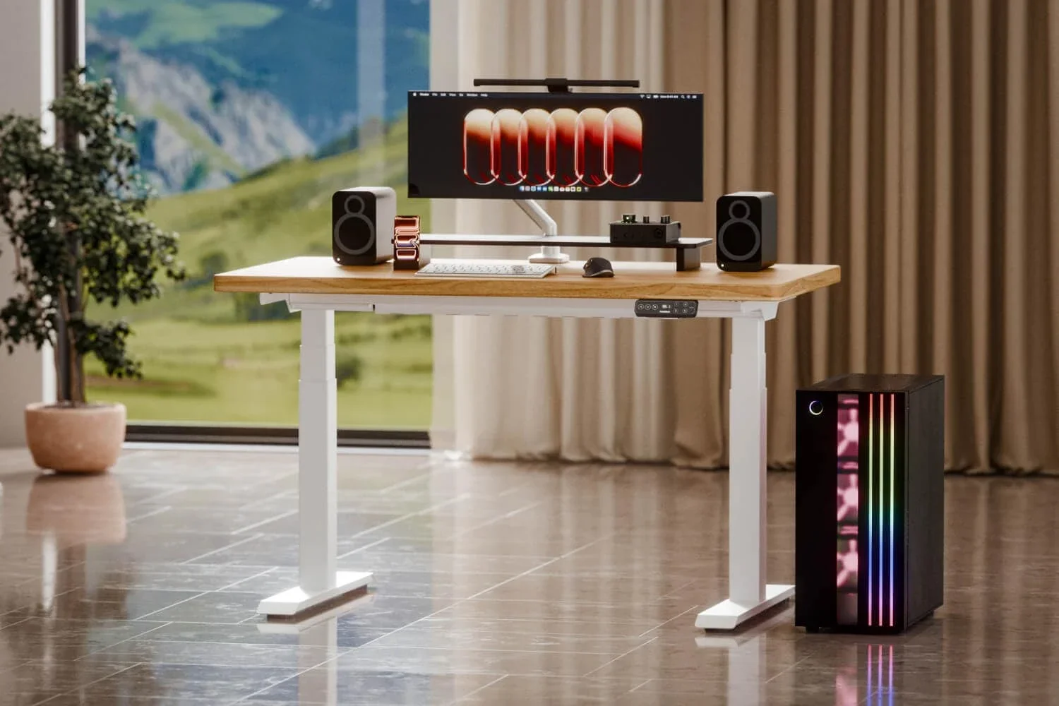 White-frame desk with a bamboo top, ultrawide monitor, speakers and an RGB PC tower in a marble-floored room with a mountain view; no text.