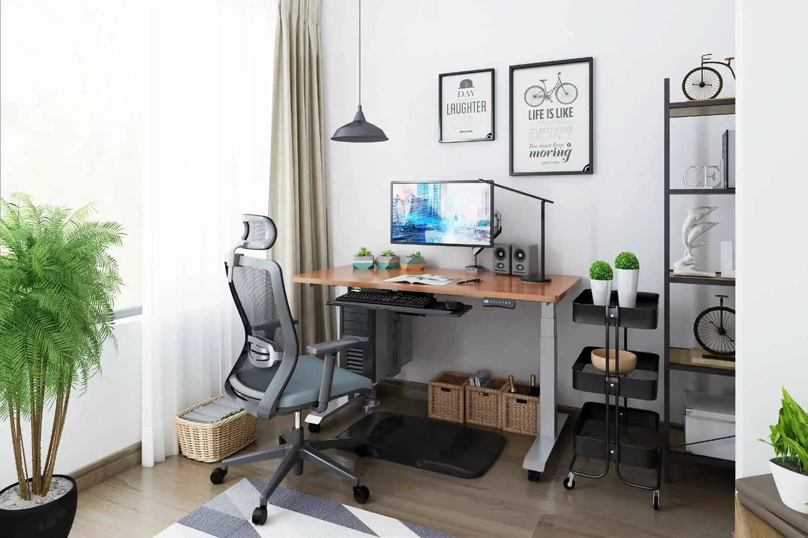 A home office corner with a light-frame desk and a walnut-look top, a monitor, a mesh chair and a storage cart.