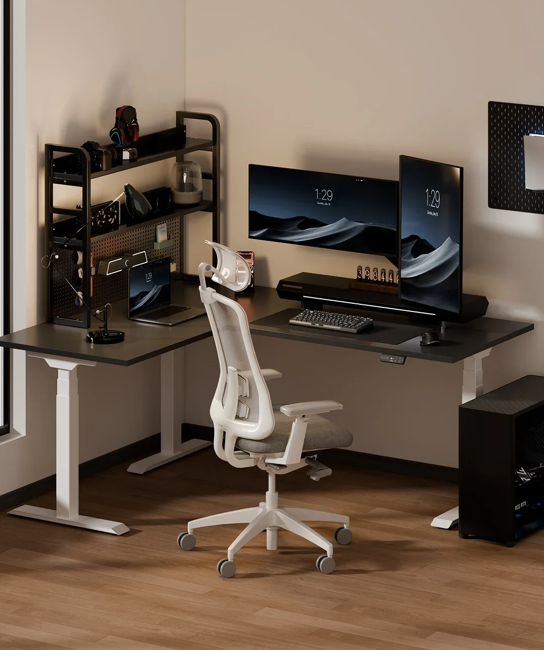 White-frame E7L corner desk with black top, dual monitors, shelving unit, white mesh chair and PC tower in a warm-lit room; no text.