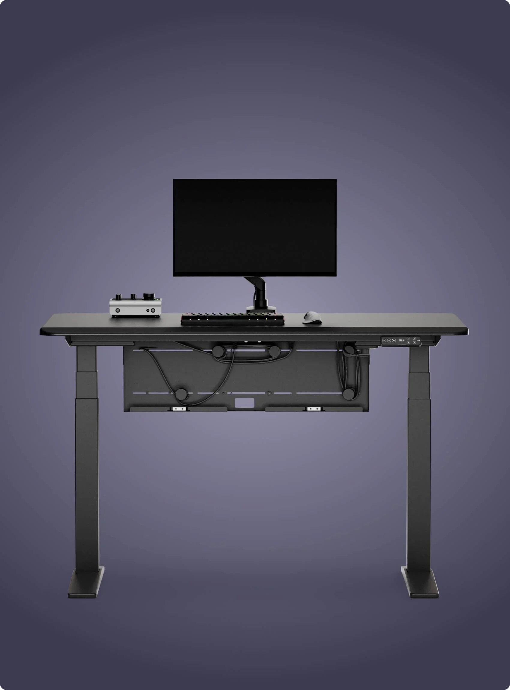 Front view of a black E7 Flow desk with monitor arm, open under-desk cable tray and tidy cables on a purple gradient background.
