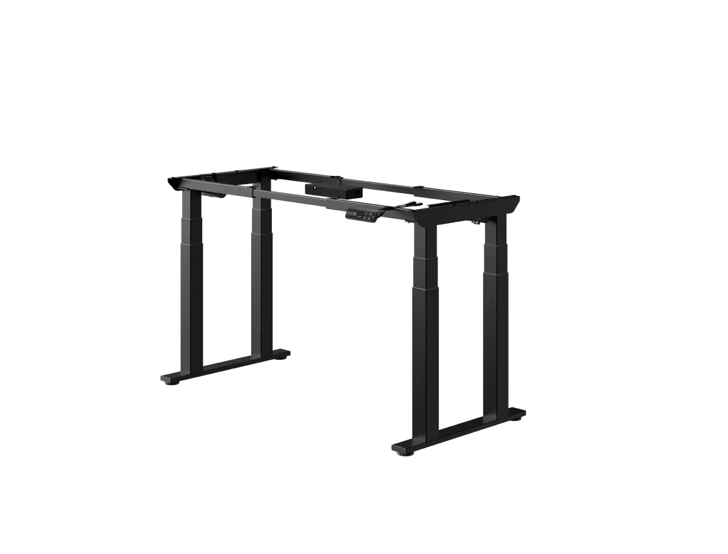 Black E7 Plus four-leg frame only, three-quarter view on a light grey background.