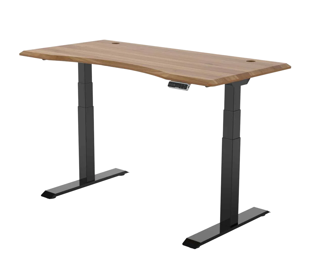 Transparent cutout of a black-frame desk with an oak-look top and a front keypad.