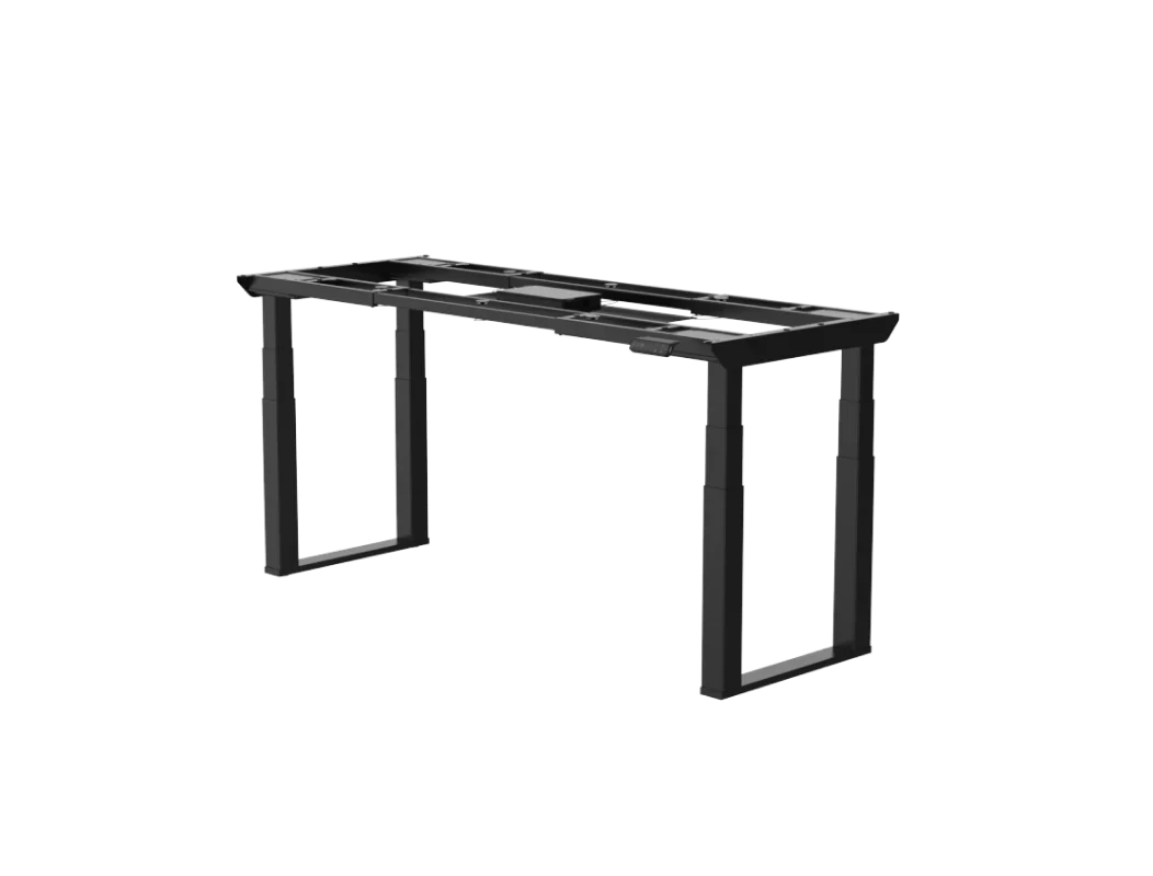 E7 Plus Max electric standing desk. E7 Plus Max black four-leg frame without top, three-quarter view on light grey, no text.