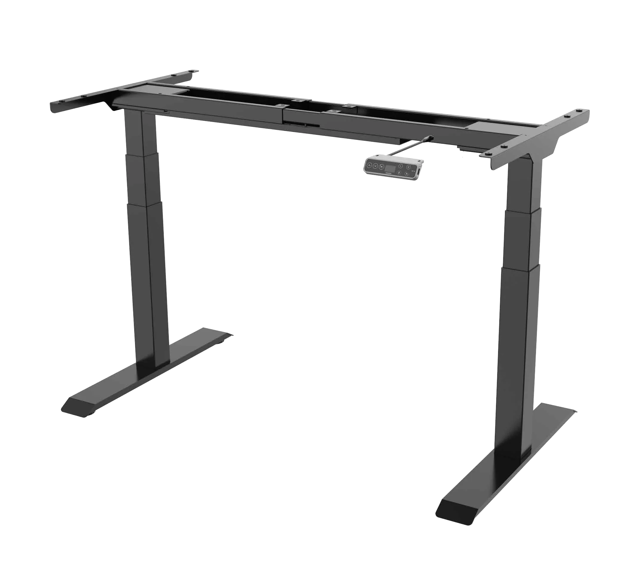 Transparent cutout of the black dual-motor frame alone, without a top, showing crossbar, lifting columns and T-feet.