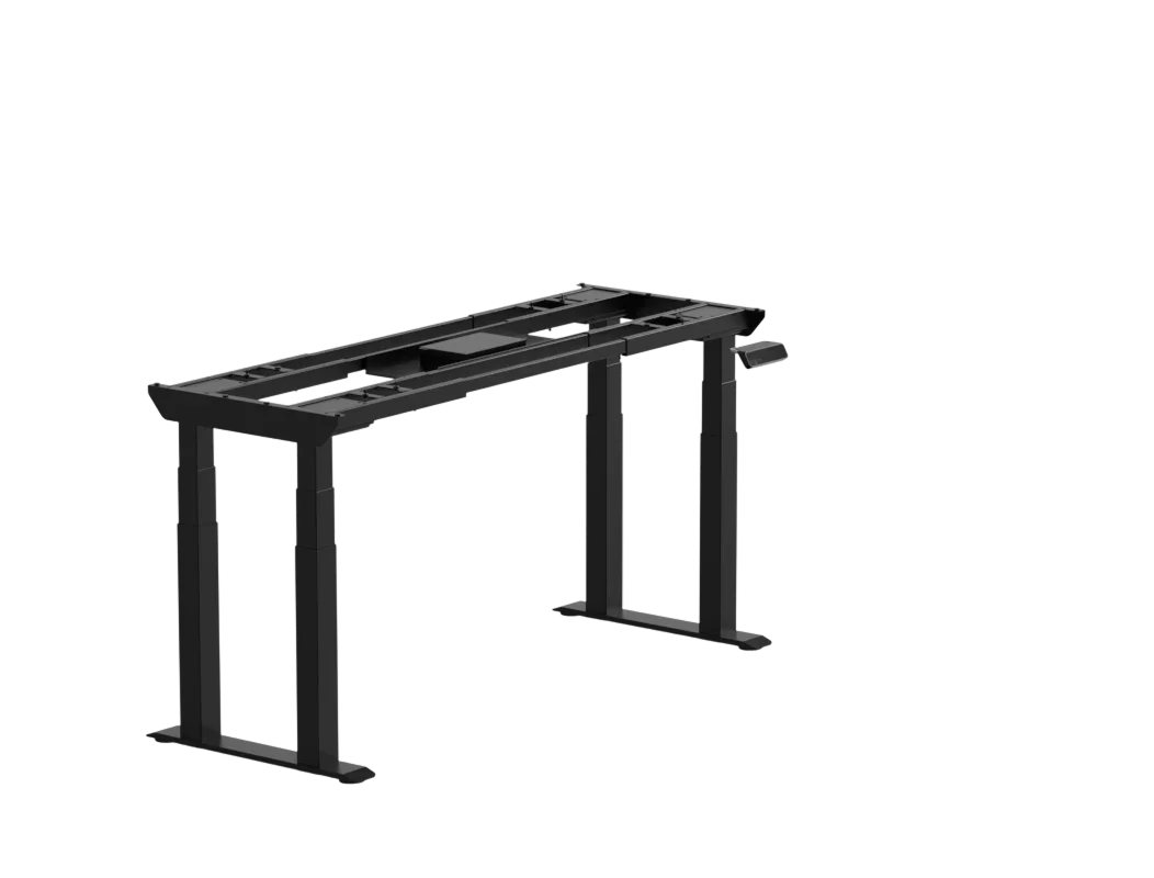 Black four-leg E7 Plus Max frame without a desktop, three-quarter view with the keypad on a plain light background.