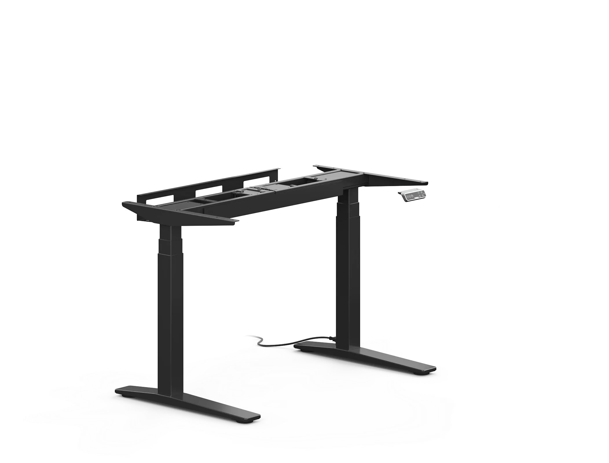 Studio shot of the bare black frame without a top, showing the crossbar, top brackets, keypad and power cord, on a plain white background.