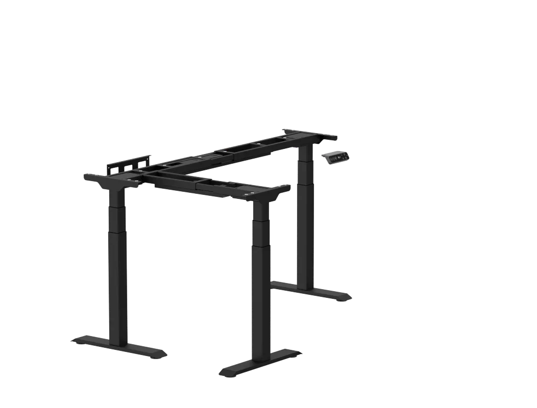 Bare black E7L L-shaped frame with three legs and a keypad, no top, at a three-quarter angle on a plain light background.