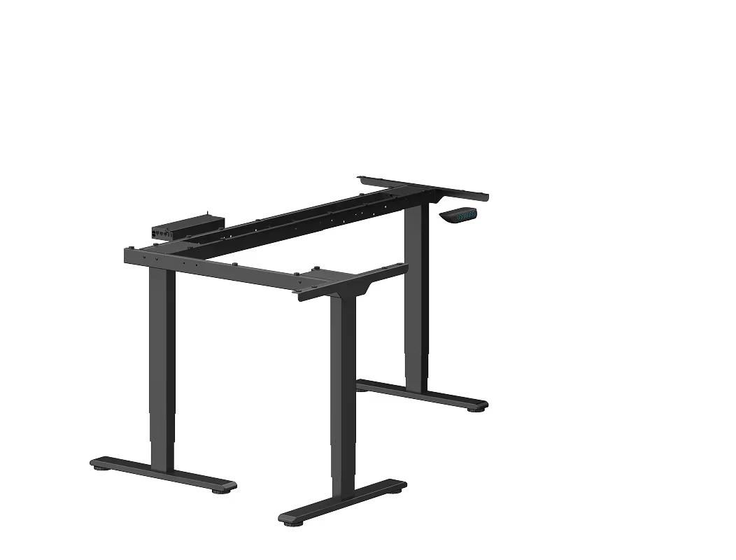 E7L Lite electric standing desk. Bare black E7L-Lite L-shaped frame with three legs, a keypad and support crossbars, no top, on a plain light background.