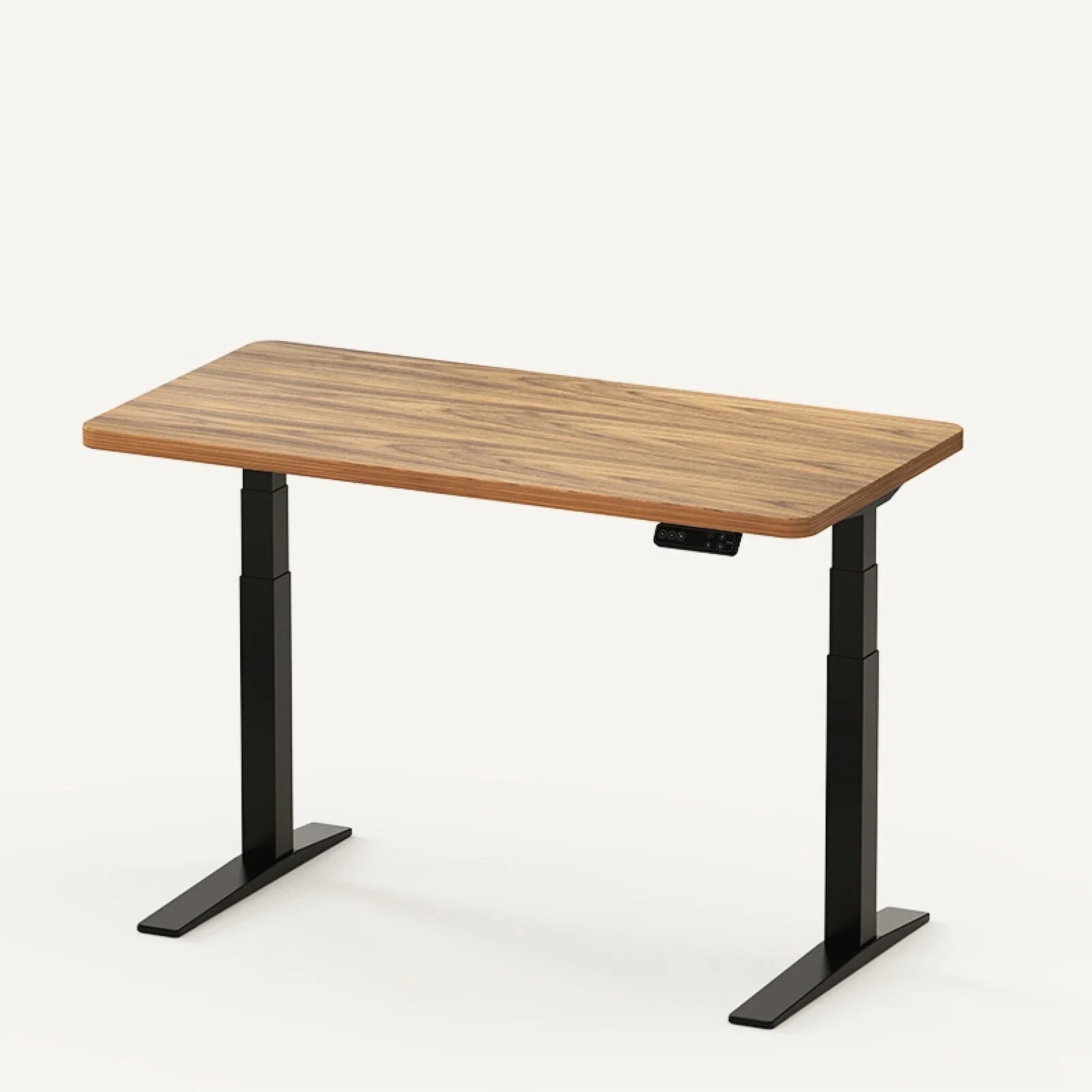 Black-frame E7 Pro with a rustic brown wood top on a warm off-white studio background.